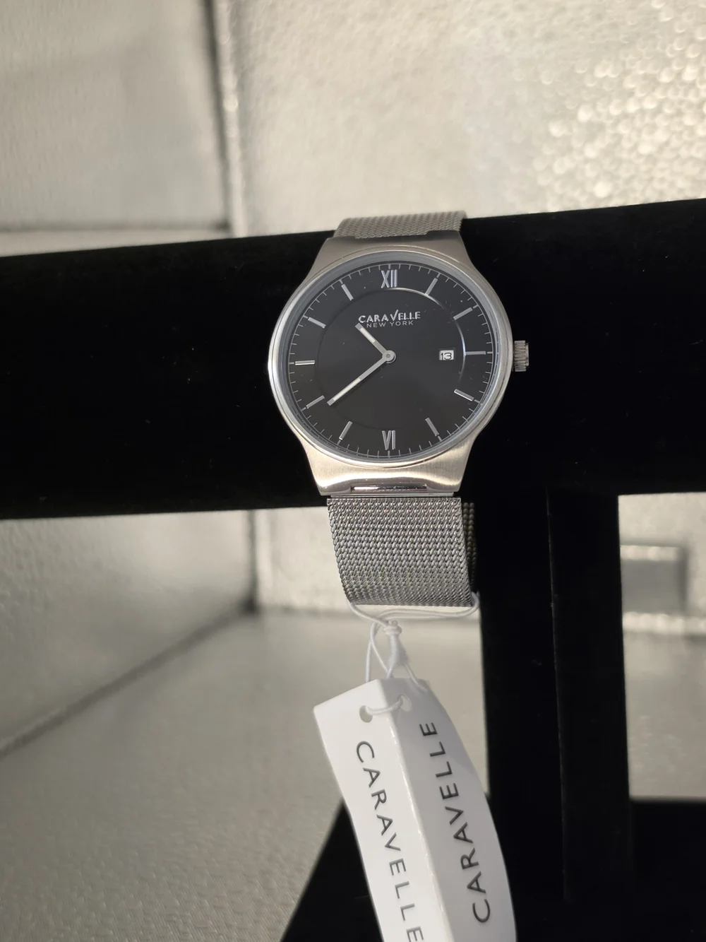 Caravelle New York Men's Silver Mesh Watch with Black Dial